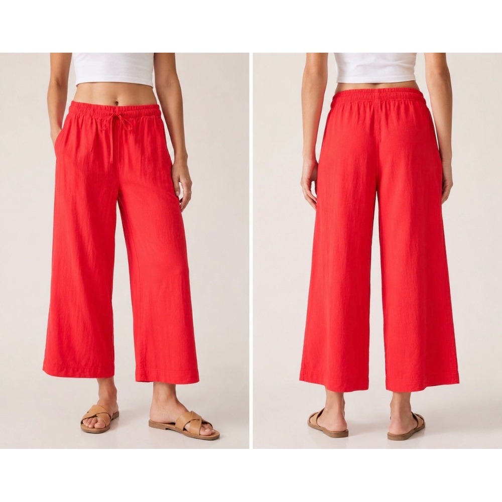 Athleta Playa Linen Wide Leg Crop Pants Small Petite Red Drawstring Pull-On